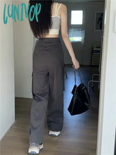 Lunivop Women’s American High Waist Flapped Straight Leg Grey Pants Summer New Street Unisex